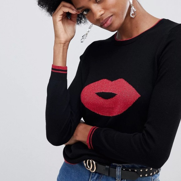 ASOS Oasis Crew Neck Sweater with Lips print Black/Red - Picture 2 of 7